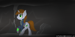 Size: 2000x1000 | Tagged: safe, artist:coffeemunch, oc, oc only, oc:littlepip, pony, unicorn, fallout equestria, clothes, fanfic, fanfic art, female, jumpsuit, mare, pipbuck, solo, vault suit