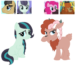 Size: 624x541 | Tagged: safe, artist:machikochan, artist:selenaede, coloratura, filthy rich, pinkie pie, prince rutherford, oc, unnamed oc, hybrid, yak, yakony, g4, commission, interspecies offspring, offspring, parent:coloratura, parent:filthy rich, parent:pinkie pie, parent:prince rutherford, parents:pinkieford