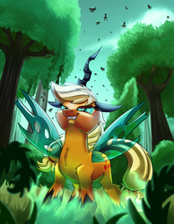 Size: 3000x3858 | Tagged: safe, artist:discorded, applejack, queen chrysalis, changeling, changeling queen, g4, the cutie re-mark, alternate timeline, army, character to character, chrysalis resistance timeline, disguise, disguised changeling, fake applejack, fangs, female, forest, freckles, green eyes, high res, horn, scene interpretation, solo, transformation