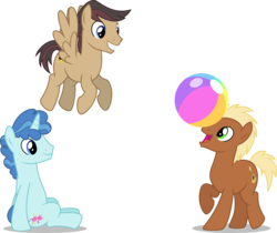 Size: 8909x7500 | Tagged: safe, artist:chainchomp2, cool beans, meadow song, party favor, earth pony, pegasus, pony, unicorn, g4, absurd resolution, ball, beach ball, male, simple background, sitting, stallion, transparent background, trio, trio male, vector