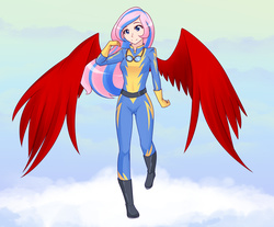 Size: 2000x1658 | Tagged: safe, artist:jonfawkes, oc, oc only, oc:moonbeam, human, belt, boots, clothes, colored wings, gloves, goggles, humanized, humanized oc, red wings, wings, wonderbolts uniform