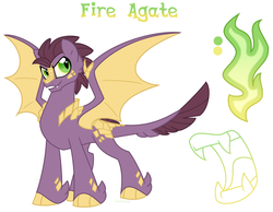 Size: 900x700 | Tagged: safe, artist:faith-wolff, oc, oc only, oc:fire agate, dracony, hybrid, faithverse, fangs, fire, green fire, interspecies offspring, next generation, offspring, parent:scootaloo, parent:spike, parents:scootaspike, reference sheet, scales, simple background, solo, unshorn fetlocks, white background