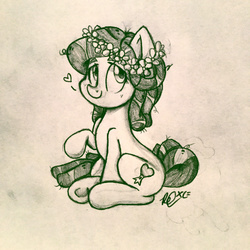 Size: 2448x2448 | Tagged: safe, artist:doodlehorse, tree hugger, g4, female, floral head wreath, heart, high res, messy mane, sketch, solo
