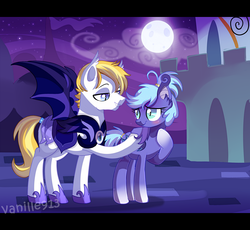 Size: 1280x1176 | Tagged: safe, artist:spookyle, oc, oc only, oc:blade moon, oc:dream cloud, bat pony, pony, night guard