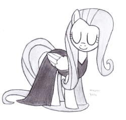 Size: 4565x4327 | Tagged: safe, artist:drchrisman, fluttershy, masquerade, g4, scare master, absurd resolution, clothes, dress, female, monochrome, solo, traditional art