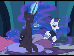 Size: 1540x1150 | Tagged: safe, artist:reiduran, nightmare moon, rarity, alicorn, pony, unicorn, g4, the cutie re-mark, alternate timeline, bedroom eyes, coffee, cup, eyes closed, female, food, magic, mare, missing accessory, night maid rarity, nightmare takeover timeline, smiling, story in the comments