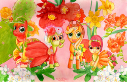 Size: 5040x3269 | Tagged: safe, artist:kelseyleah, apple bloom, applejack, big macintosh, granny smith, earth pony, pony, g4, absurd resolution, apple, apple family, apple siblings, cactus, clothes, daffodil, dress, flower, freesia, male, pomegranate, stallion, traditional art