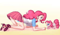 Size: 960x560 | Tagged: dead source, safe, artist:apzzang, pinkie pie, earth pony, human, pony, g4, all fours, breasts, clothes, cute, cutie mark, diapinkes, eye contact, face down ass up, female, gradient background, high heels, human ponidox, humanized, looking at each other, mare, midriff, open mouth, shirt, shoes, skirt, smiling, t-shirt