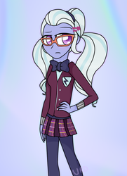 Size: 434x600 | Tagged: dead source, safe, artist:ultrard, sugarcoat, equestria girls, g4, my little pony equestria girls: friendship games, bowtie, clothes, colored pupils, crystal prep academy uniform, female, glasses, gradient background, looking at you, school uniform, signature, skirt, solo