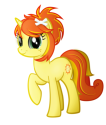 Size: 824x970 | Tagged: safe, artist:ikuvaito, oc, oc only, oc:sunny day, bow, freckles, hair bow, looking at you, ponytail, raised hoof, smiling, solo