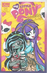 Size: 1024x1586 | Tagged: safe, artist:ponygoddess, rarity, oc, oc:sappho, g4, cleo de nile, comic cover, crossover, ghoulia yelps, hair over one eye, monster high, my little pony logo