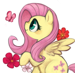 Size: 560x546 | Tagged: dead source, safe, artist:kei05, fluttershy, butterfly, pegasus, pony, g4, female, flower, mare, raised hoof, simple background, smiling, solo, spread wings, white background, wings
