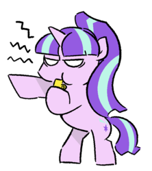 Size: 600x676 | Tagged: safe, artist:tyuubatu, starlight glimmer, g4, blowing whistle, female, rape whistle, reaction image, solo, whistle