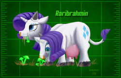 Size: 943x612 | Tagged: safe, artist:quakehoof, rarity, brahmin, cow, cow pony, g4, :t, cow horns, cowified, crossover, cute, eating, fallout, grass, grazing, lidded eyes, multiple heads, mushroom, mutant, nose ring, piercing, raricow, species swap, two heads, udder, wat, what has science done