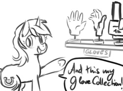 Size: 663x491 | Tagged: safe, artist:whale, lyra heartstrings, g4, clothes, collection, dialogue, female, gloves, monochrome, pointing, solo, underhoof
