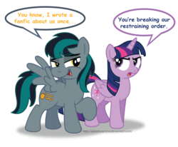 Size: 1024x845 | Tagged: safe, artist:aleximusprime, twilight sparkle, oc, oc:blackgryph0n, alicorn, pony, g4, blackgryph0n, duo, female, flirting, funny, male, mare, restraining order, shipping, shipping denied, simple background, straight, this will not end well, transparent background, twigryph, twilight sparkle (alicorn)