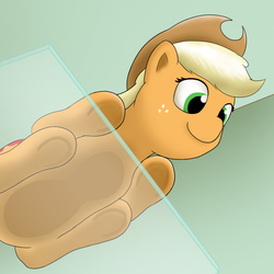 Size: 1280x1280 | Tagged: safe, artist:mkogwheel, applejack, earth pony, pony, g4, against glass, behaving like a cat, cute, female, glass, glass table, jackabetes, looking down, ponyloaf, prone, sitting on glass, smiling, solo, underhoof