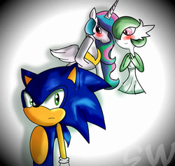Size: 1380x1308 | Tagged: safe, artist:samanthawolfox, princess celestia, gardevoir, g4, commission, crossover, male, pokémon, shipping, sonic gets all the mares, sonic the hedgehog, sonic the hedgehog (series), soniclestia