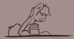 Size: 1280x677 | Tagged: safe, artist:itspencilguy, oc, oc only, oc:icepick, earth pony, pony, fallout equestria, fallout equestria: transient, alcohol, beer, eyes closed, fanfic, fanfic art, female, food, hooves, laughing, mare, monochrome, mug, open mouth, simple background, solo, tankard
