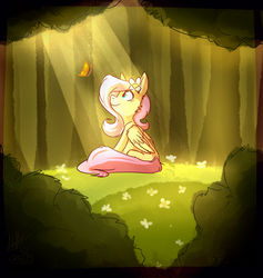 Size: 1519x1600 | Tagged: safe, artist:suplolnope, fluttershy, butterfly, g4, crepuscular rays, cute, female, flower, flower in hair, forest, light, shyabetes, solo