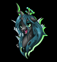 Size: 1263x1360 | Tagged: dead source, safe, artist:calyartist, queen chrysalis, changeling, changeling queen, g4, bust, fangs, female, hair over one eye, open mouth, portrait, solo