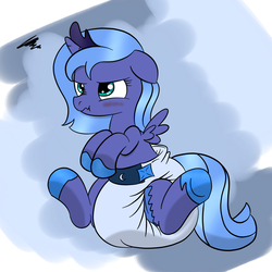 Size: 3000x3000 | Tagged: safe, artist:fillyscoots42, artist:zalakir, princess luna, pony, g4, agitated, blush lines, blushing, colored, crown, cute, cutie mark diapers, diaper, diaper fetish, female, fetish, filly, floppy ears, high res, hoof shoes, jewelry, lunabetes, monochrome, non-baby in diaper, poofy diaper, pouting, princess shoes, regalia, scrunchy face, sitting, solo, spread wings, wings, woona