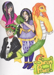 Size: 1929x2655 | Tagged: safe, artist:elainatehkitty, adagio dazzle, oc, oc:elizabeth the rich girl, oc:jinx, human, siren, g4, crossover, humanized, non-mlp oc, scourge the hedgehog, sonic the hedgehog (series), traditional art