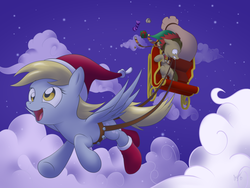 Size: 1024x768 | Tagged: dead source, safe, artist:sycotei-b, derpy hooves, doctor whooves, time turner, earth pony, pony, g4, christmas, clothes, elf hat, flying, hat, male, mouth hold, night, present, reins, sack, santa hat, santa sack, sleigh, socks, stallion