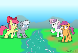 Size: 1000x687 | Tagged: safe, artist:empyu, apple bloom, scootaloo, silver spoon, sweetie belle, earth pony, pegasus, pony, unicorn, crusaders of the lost mark, g4, 45 minute art challenge, cutie mark, cutie mark crusaders, river, stream, the cmc's cutie marks