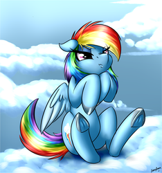 Size: 1791x1915 | Tagged: safe, artist:strachattack, rainbow dash, g4, cloud, female, grumpy, pouting, sitting, solo, underhoof