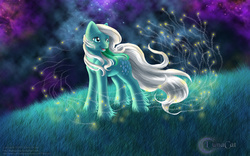 Size: 1024x640 | Tagged: safe, artist:flyingpony, ice crystal, firefly (insect), g1, aurora borealis, female, night, solo