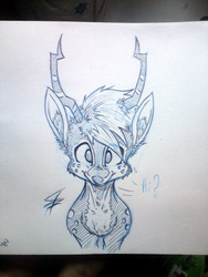 Size: 2448x3264 | Tagged: safe, artist:tamikimaru, oc, oc only, oc:horney reno, deer pony, original species, dialogue, high res, monochrome, sketch, solo, traditional art