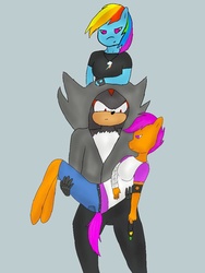 Size: 768x1024 | Tagged: safe, artist:enragedshadow, rainbow dash, scootaloo, anthro, unguligrade anthro, equestria girls, g4, clothes, crossover, hoodie, male, shadow the hedgehog, sonic the hedgehog, sonic the hedgehog (series)