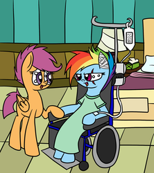 Size: 1600x1800 | Tagged: safe, artist:yourfavoritelove, rainbow dash, scootaloo, g4, alternate timeline, amputee, apocalypse dash, bandage, crystal war timeline, hospital, hospital gown, scar, wheelchair