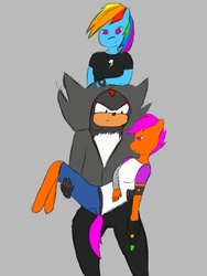 Size: 768x1024 | Tagged: safe, artist:enragedshadow, rainbow dash, scootaloo, anthro, unguligrade anthro, g4, clothes, crossover, hoodie, male, shadow the hedgehog, sonic the hedgehog, sonic the hedgehog (series), wip