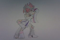 Size: 1280x853 | Tagged: safe, artist:redrangerki, twilight sparkle, equestria girls, g4, crossover, equestria girls-ified, human coloration, male, shadow the hedgehog, shadtwi, shipping, sonic the hedgehog, sonic the hedgehog (series), traditional art