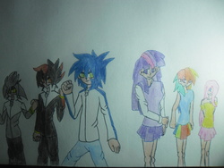 Size: 4000x3000 | Tagged: safe, artist:darkness593, fluttershy, rainbow dash, twilight sparkle, human, g4, crossover, humanized, male, shadow the hedgehog, silver the hedgehog, sonic the hedgehog, sonic the hedgehog (series), traditional art