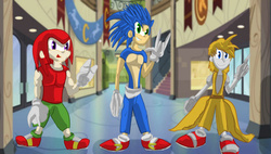 Size: 1250x708 | Tagged: safe, artist:urhangrzerg, equestria girls, g4, crossover, equestria girls-ified, knuckles the echidna, male, miles "tails" prower, sonic the hedgehog, sonic the hedgehog (series)