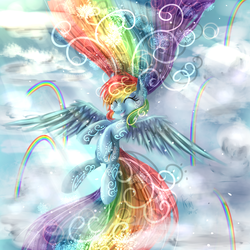 Size: 1000x1000 | Tagged: safe, artist:karmamoonshadow, rainbow dash, pegasus, pony, g4, cloud, eyes closed, female, flying, rainbow, smiling, solo