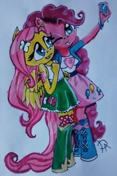 Size: 532x800 | Tagged: safe, artist:ilovedarkhegehogs14, fluttershy, pinkie pie, anthro, equestria girls, g4, acrylic painting, boots, clothes, equestria girls outfit, request, selfie, skirt, socks, sonic the hedgehog (series), sonicified, tank top, traditional art