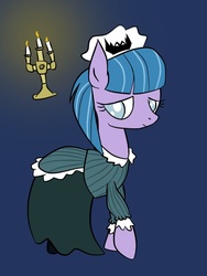 Size: 600x800 | Tagged: safe, artist:psaxophone, tote bag (g4), earth pony, pony, crusaders of the lost mark, g4, background pony, blue background, candlelabra, candlelight, candlestick, clothes, crossover, disney, floating, maid, simple background, solo, the haunted mansion