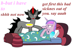 Size: 1941x1312 | Tagged: safe, artist:franciska1991, king sombra, twilight sparkle, alicorn, pony, cold blooded twilight, g4, caring for the sick, engrish, female, male, mare, ship:twibra, shipping, sick, simple background, straight, transparent background, twilight sparkle (alicorn)