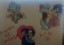 Size: 800x570 | Tagged: safe, artist:ilovedarkhegehogs14, coco pommel, princess celestia, rarity, earth pony, anthro, g4, crossover, female, interspecies, male, rarisonic, request, shipping, sonic gets all the mares, sonic the hedgehog, sonic the hedgehog (series), sonicified, soniclestia, sonicpommel, straight, traditional art