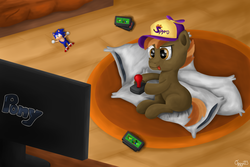 Size: 1200x800 | Tagged: safe, artist:oggynka, button mash, earth pony, hedgehog, pony, g4, cap, colt, crossover, hat, male, pillow, sitting, sitting on pillow, sonic the hedgehog, sonic the hedgehog (series), sony, spyro the dragon (series), super mario bros., super mario bros. 2, television