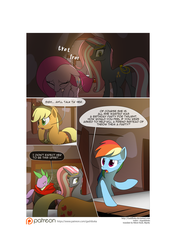 Size: 3541x5016 | Tagged: safe, artist:gashiboka, applejack, pinkie pie, rainbow dash, spike, oc, oc:night star, dragon, earth pony, pegasus, pony, unicorn, comic:recall the time of no return, g4, applejack's hat, comic, cowboy hat, hat, older, older spike, patreon, patreon logo, pinkamena diane pie, sad