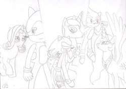 Size: 1719x1214 | Tagged: safe, artist:celecrypt, princess celestia, princess luna, rarity, g4, commission, crossover, female, interspecies, male, monochrome, rarisonic, shipping, sonic the hedgehog, sonic the hedgehog (series), soniclestia, sonicluna, straight, traditional art