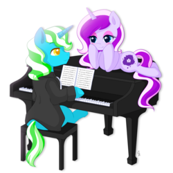 Size: 2000x2000 | Tagged: safe, artist:exceru-karina, oc, oc only, oc:milagra lilac, oc:mojitojoe, pony, unicorn, high res, married, music, musical instrument, necktie, piano, romantic, simple background, transparent background, two toned hair