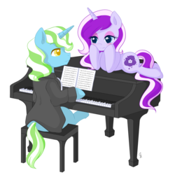 Size: 2000x2000 | Tagged: safe, artist:exceru-karina, oc, oc only, oc:milagra lilac, oc:mojitojoe, pony, unicorn, high res, married, music, musical instrument, necktie, piano, romantic, two toned hair