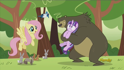Size: 1280x720 | Tagged: safe, screencap, fluttershy, harry, starlight glimmer, bird, blue jay, ferret, pony, rabbit, squirrel, g4, the cutie re-mark, bear hug, flying, frown, gritted teeth, holding, holding a pony, hug, legitimate bear hugs, open mouth, pain, pun, s5 starlight, smiling, wide eyes
