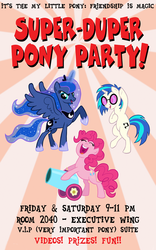 Size: 480x768 | Tagged: safe, artist:tim-kangaroo, dj pon-3, pinkie pie, princess luna, vinyl scratch, g4, mff 2015, party cannon, poster